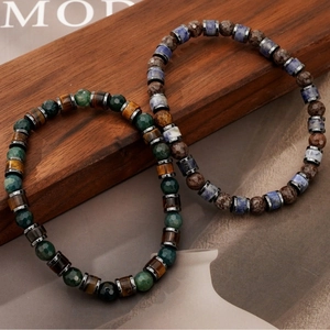 Men's double stack beaded bracelets with faceted natural water grass and snowflake stones