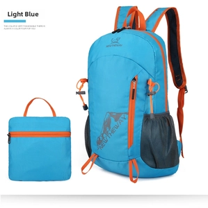 Foldable light blue outdoor backpack showing both expanded use and folded storage states
