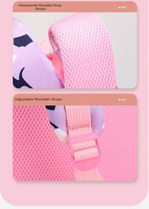 Detail of pink camouflage schoolbag with breathable honeycomb mesh straps and adjustable buckles