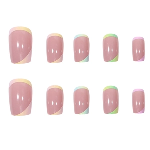 Short square French press-on nails with macaron gradient glitter and nude base