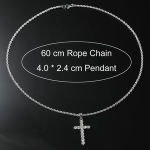 Detailed view of silver hip hop cross pendant with 60cm rope chain and shiny stones