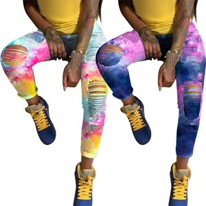Women High Waisted Skinny Jeans Tie Dye Print Ripped Holes Denim Long Pants High Stretch Casual Streetwear