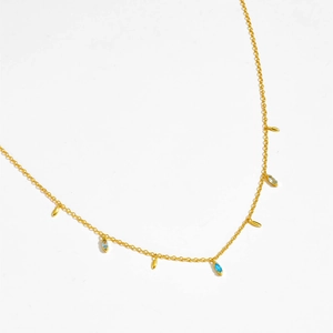 Elegant S925 silver long necklace with light blue marquise zircon and golden water drop charms