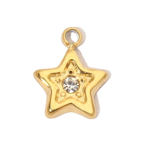 Detailed view of a gold五角星star pendant with center-set sparkling clear crystal stone