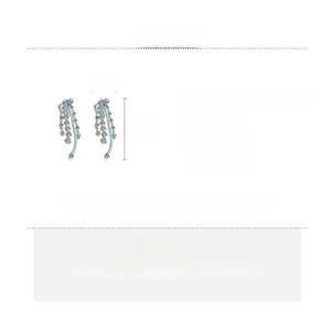 Detail showing blue beaded tassel earrings with faux pearls and 11.2x2cm size scale