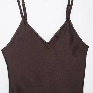 Elegant dark brown satin camisole with adjustable straps and lace details for women