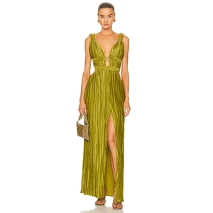 Robe Maxi Plissée Col En V Découpe Fente Haute Sexy Fête Sans Manches Vert Olive Élégante Soirée Femmes