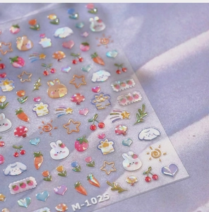 Detail of M-1025 laser rainbow rabbit and strawberry nail art stickers for manicure