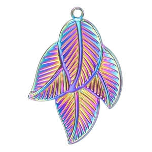 Macro detail of iridescent leaf pendant with 18k gold plating and textured veins