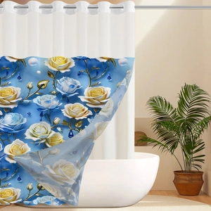 Détail d'un rideau de douche floral imperméable avec roses 3D bleues et jaunes et œillets