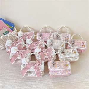 Girls Princess Shoulder Bag Tweed Fabric Artificial Pearl Handle Bowknot Camellia Rabbit Charm Sweet Elegant Crossbody Kids Handbag
