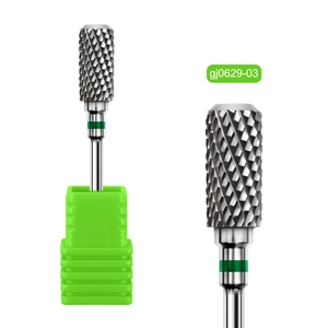 Macro detail of cylindrical alloy nail drill bit with cross-grid texture and green ring
