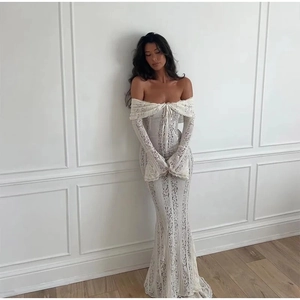 Women Lace Dress Off Shoulder Flare Long Sleeve Bodycon Elegant Sexy Solid Color Wedding Party Evening Clubwear