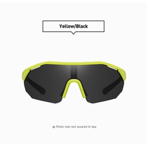 Macro detail of yellow matte sports sunglasses with aerodynamic black one-piece lens