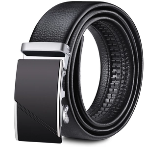 Men's black leather belt with automatic ratchet buckle and textured finish on white back