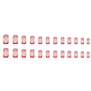Chili red French glitter press-on nails with medium square shape and silver sparkle finish