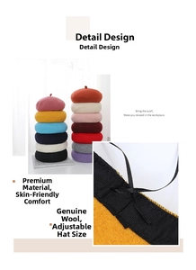 Close-up of wool beret texture with adjustable drawstring detail and multi-color options