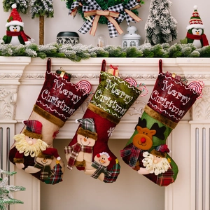 Large Christmas Stockings Santa Snowman Reindeer Burlap Plush Fireplace Decoration Holiday Gift Bag Hanging Ornament