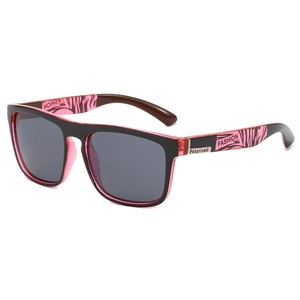 Detail of square frame cycling sunglasses in black and pink with polarized lenses