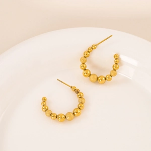 18K gold plated stainless steel U-shaped hoop earrings with alternating bead design