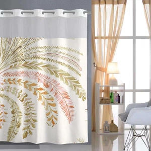 Detail of waffle weave shower curtain with warm leaf patterns and grommet top design
