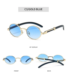 Detailed multi-angle view of vintage oval sunglasses with gold frame and blue lenses