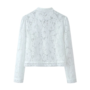 Chemisier élégant en dentelle blanche à manches longues avec col montant et motif floral