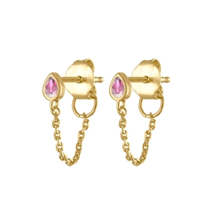 Detail of pink pear-shaped zircon earrings with delicate gold link chains on white backdrop