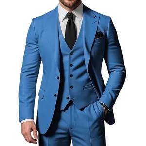 Slim fit light blue three-piece men's suit including blazer, vest, and trousers for weddings