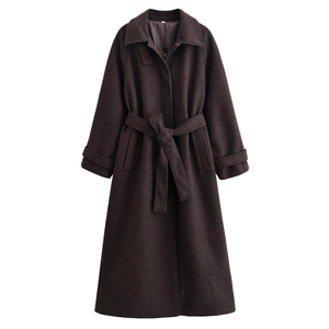 Women Long Woolen Overcoat Belted Solid Color Loose Fit Lapel Long Sleeve Polyester Outerwear Coffee