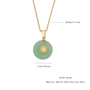Detail of green natural stone pendant with gold sun motif and necklace size parameters