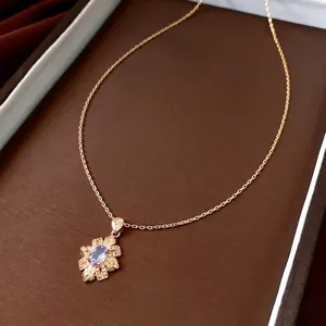 14k gold plated rhombus necklace with vintage floral pendant and purple gemstone