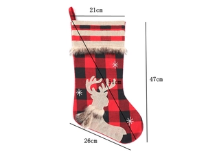 Detailed size chart for red and black plaid Christmas stocking with reindeer pattern