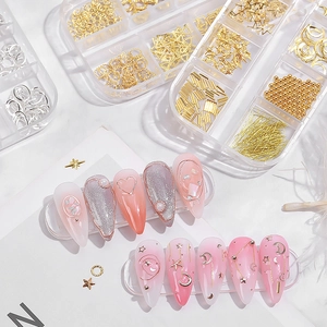 Professional 12 Grids Alloy Nail Art Decorations Set Gold Silver Metal Geometric Moon Star Rivets DIY Manicure Design Accessories