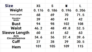 Detailed size chart for women's V-neck long sleeve blouse showing XS to L measurements