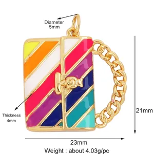 Detailed macro view of a colorful enamel handbag pendant with golden chain decoration
