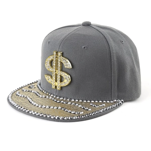 Grey flat brim hip-hop baseball cap with gold rhinestone dollar sign and studded brim
