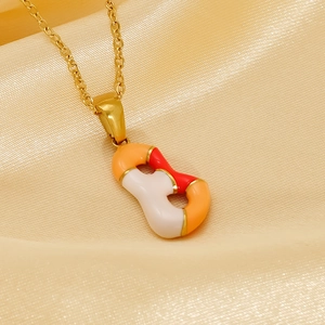 Gold stainless steel letter B pendant necklace with colorful enamel on satin background