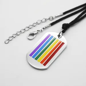 Rainbow striped stainless steel dog tag necklace with adjustable black wax cord