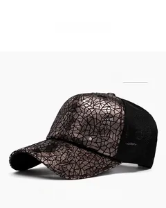 Detail of coffee brown sequin baseball cap with black breathable mesh back panel