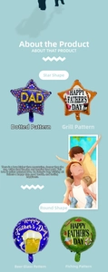 Father's Day foil balloons featuring BBQ, beer, and fishing themes for party decoration