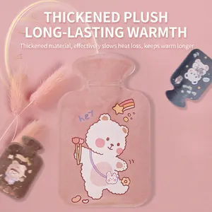 Pink plush hot water bottle with cute white bear cartoon design and soft velvet cover