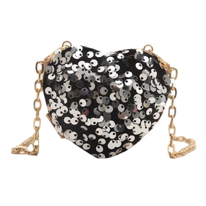Sparkly heart shaped sequin mini evening bag with elegant gold chain strap on white background