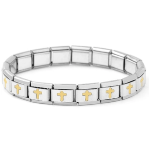 Italian charm bracelet with gold cross details on polished stainless steel links