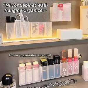 Wall Mounted Transparent Plastic Divided Storage Box For Lipstick Makeup Brushes Bathroom Mirror Cabinet Adhesive Organizer