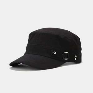 Detail of black cotton military flat top cap with silver metal buckle and rivets side view