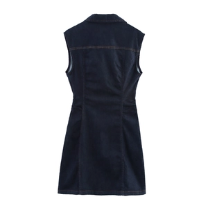 Robe courte en jean bleu foncé rétro avec col en V et vue arrière sans manches