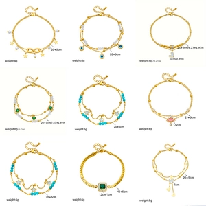 Minimalist double-layer gold anklet with star and heart charms and pearl details