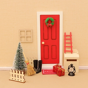 17 Pieces Miniature Christmas Dollhouse Decoration Set With Wood Door Mailbox Red Ladder Tree Wreath Festive Scene Ornaments