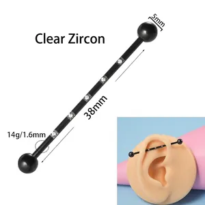 Barbell industriel en titane G23 noir 38mm avec cinq zircons blancs et modèle d'oreille